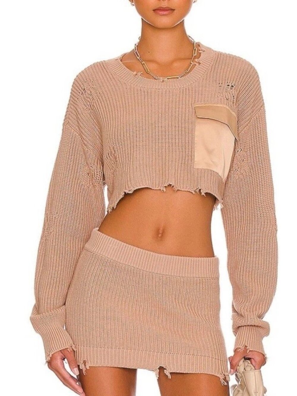 SER.O.YA Distressed Cropped Devin Sweater Skirt Set Beige Women’s Size M/L